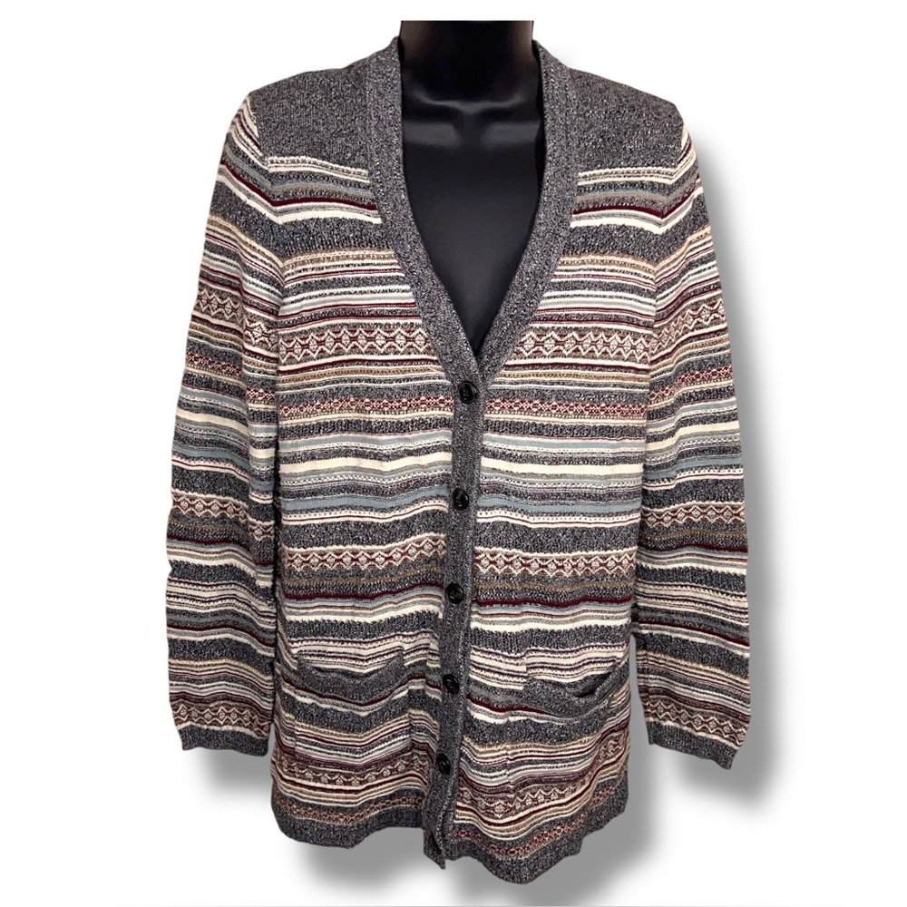 Medium Eddie Bauer Cotton Cardigan Sweater Knit Pockets Grey Red Ivory